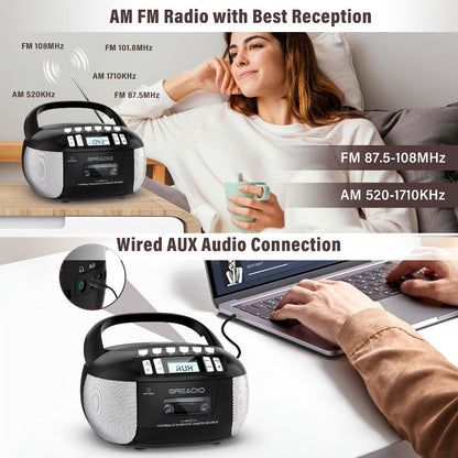 CD and Cassette Player Combo Boombox Portable AM FM Radio Tape Recording Stereo Sound for Bedside Audio, Alarms and Room Entertainment