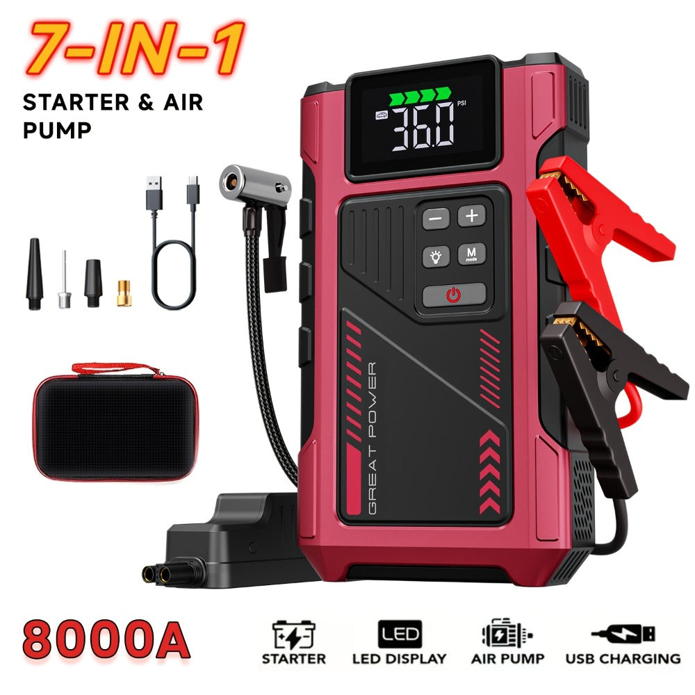 8000A Jump Starter with Air Compressor – 12V Portable Jump Box for Gas & Diesel Cars, USB Ports & LED Flashlight | Up to 8.0L Gas & 6.5L