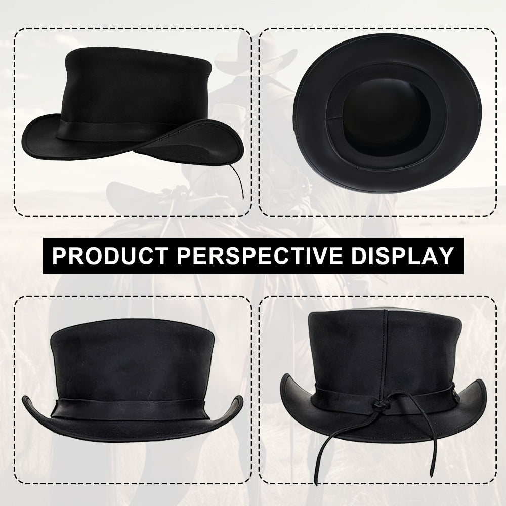 Genuine Leather Top Hat Steampunk – Shapeable Wide Brim Gentleman Hat for Men Women, Halloween Costume Topper, Deadman Victorian Derby Hat