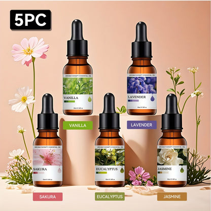 Five-Bottle Essential Oil Gift Set with Three Floral, Botanical or Citrus Scent Assortments