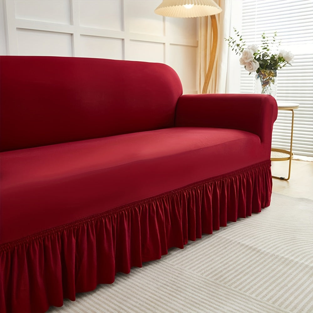 Sofa Cover Textured Skirted Full-Cover Slipcover with Elastic Stretch and Backing Detail for 3 or 4 Seats