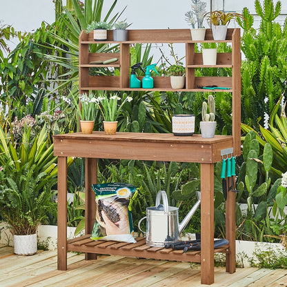 Potting Bench Table Fir Wood Iron Frame Switchable Top Integrated Sink 3-Tier Display Rack Storage Shelf for Garden, Patio and Yard Use