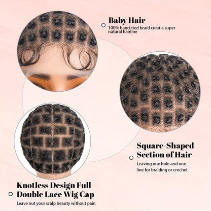 HD Lace Crochet Wig Cap Pre-Made Braided Sections Baby Hair Glueless Full Lace Base for Box Braids Goddess Passion Twist 45-122 Sections
