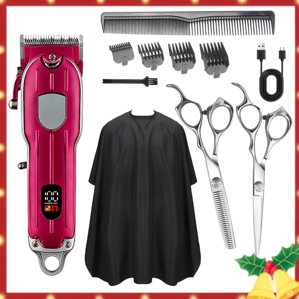 Barber Hair Clipper Kit for Men – USB Rechargeable Digital Size Adjustment, Complete Set with Scissors & 4 Limit Combs