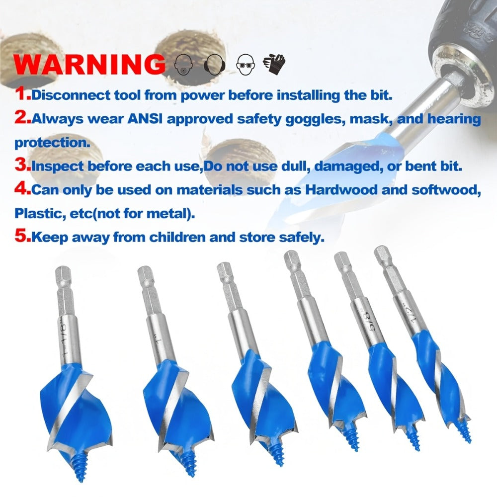Drill Bit Set 6PCS Hex Shank Quick Change - Metal Hexagonal Handle with 4 Slots & 4 Blades
