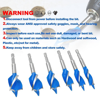 Drill Bit Set 6PCS Hex Shank Quick Change - Metal Hexagonal Handle with 4 Slots & 4 Blades