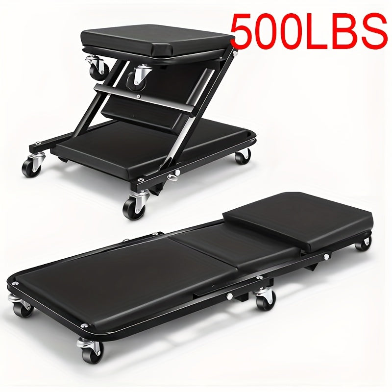 Mechanic Creeper Seat & Rolling Work Stool – Foldable 2-in-1 Auto Repair Crawler, 300 lb Capacity, Adjustable Height, 6 Swivel Wheels