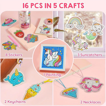 Diamond Gem Painting Kit for Girls Ages 6+ 16 Projects, 5D Gem Art Set with 2800+ Gems Unicorn Suncatchers Keychains Necklaces Stickers
