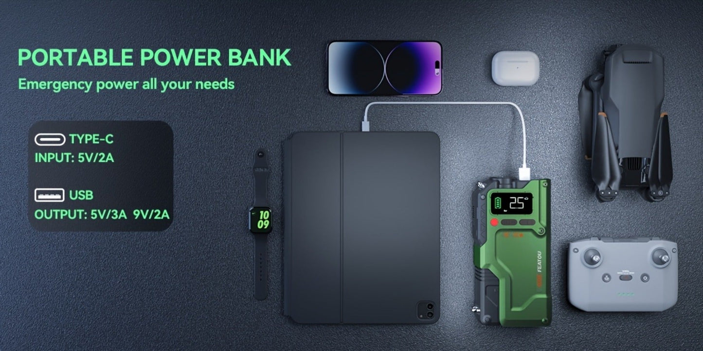 Green Jump Starter and Tire Inflator Enhanced Version with Digital Pressure Display and Clamp Leads
