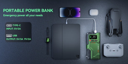 Green Jump Starter and Tire Inflator Enhanced Version with Digital Pressure Display and Clamp Leads