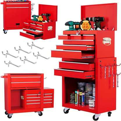Rolling Tool Chest 8-Drawer Alloy Steel 2-in-1 Mobile Workbench Detachable Top Lockable Wheels Garage for Garden, Patio and Yard Use