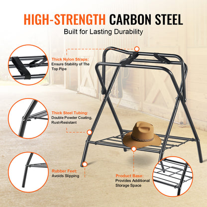 Folding Saddle Rack Freestanding Horse Saddle Stand – Holds 132 lbs, Carbon Steel, Quick-Release Setup, Portable & Space-Saving for Stable