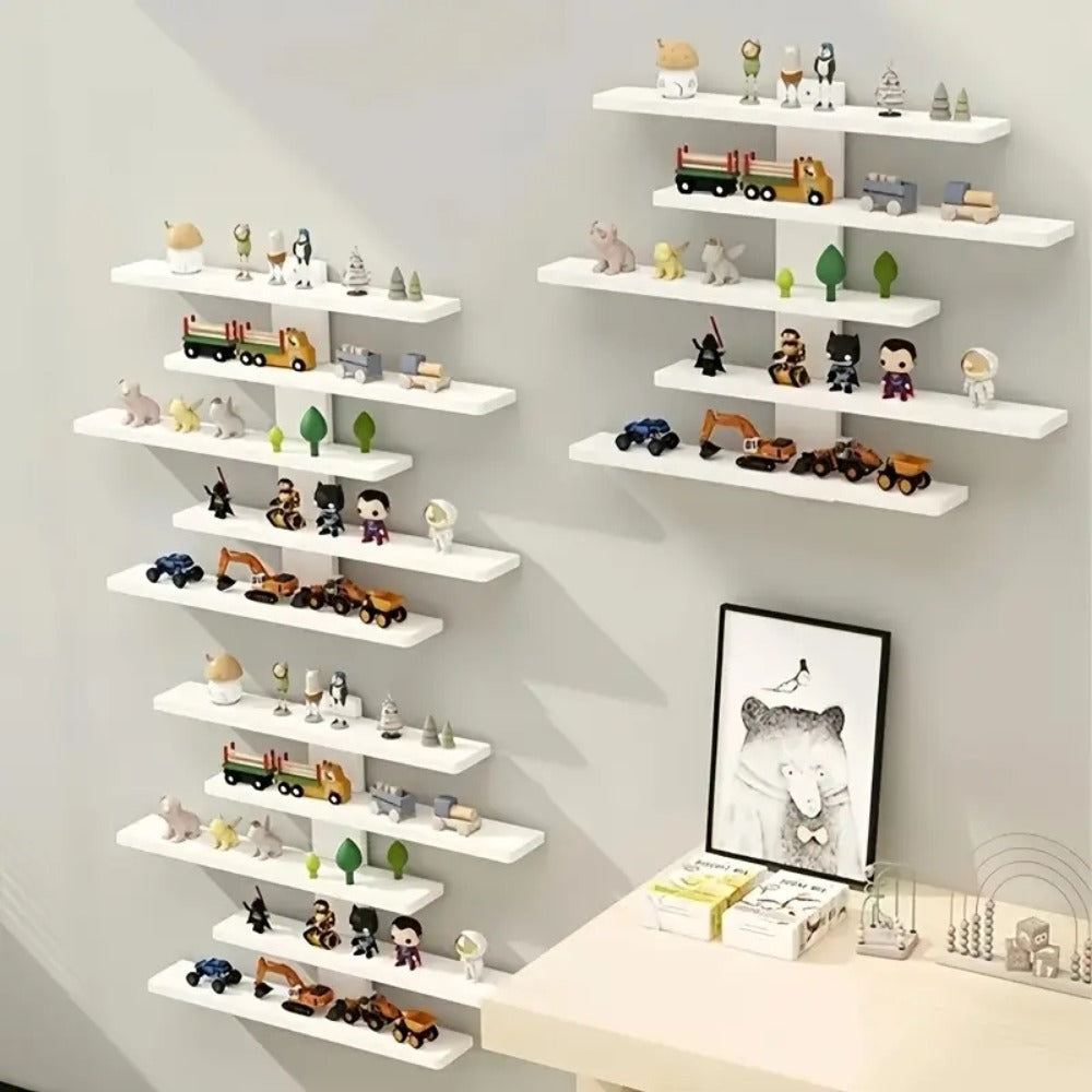 Five-Tier Wall-Mounted Display Shelf with Horizontal Ledges in Black or White Color Options