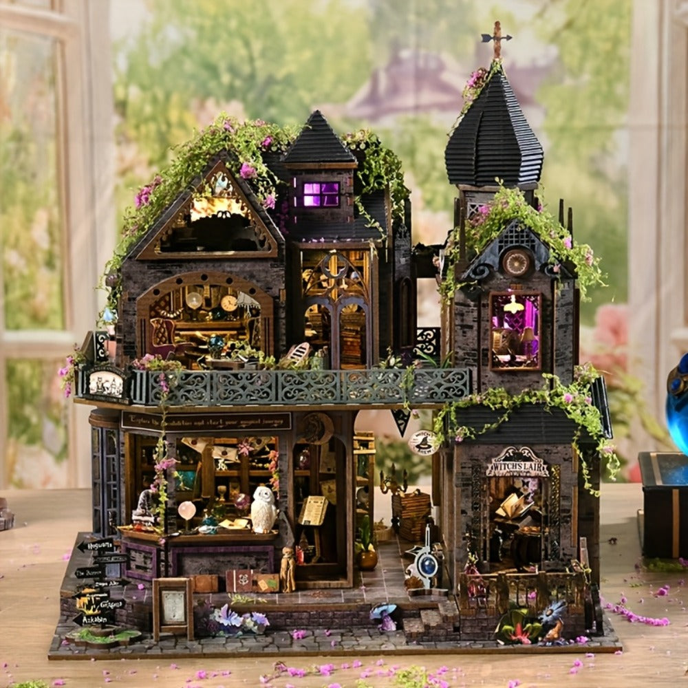 3D Wooden Puzzle Magic Castle Model Kit – DIY Assembly with Owl, Magic Hat & Flowers, Bookshelf Desk Decoration
