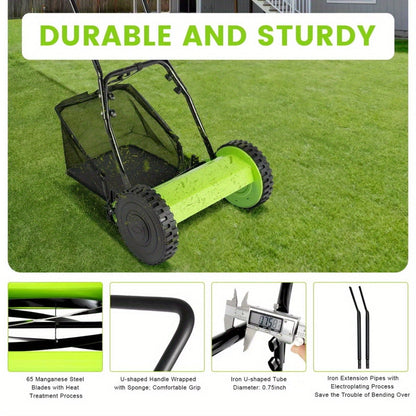 Manual Reel Lawn Mower 5-Blade Push Mower 11.8-Inch Cutting Width Adjustable Height 0.47"-1.77" for Garden, Patio and Yard Use