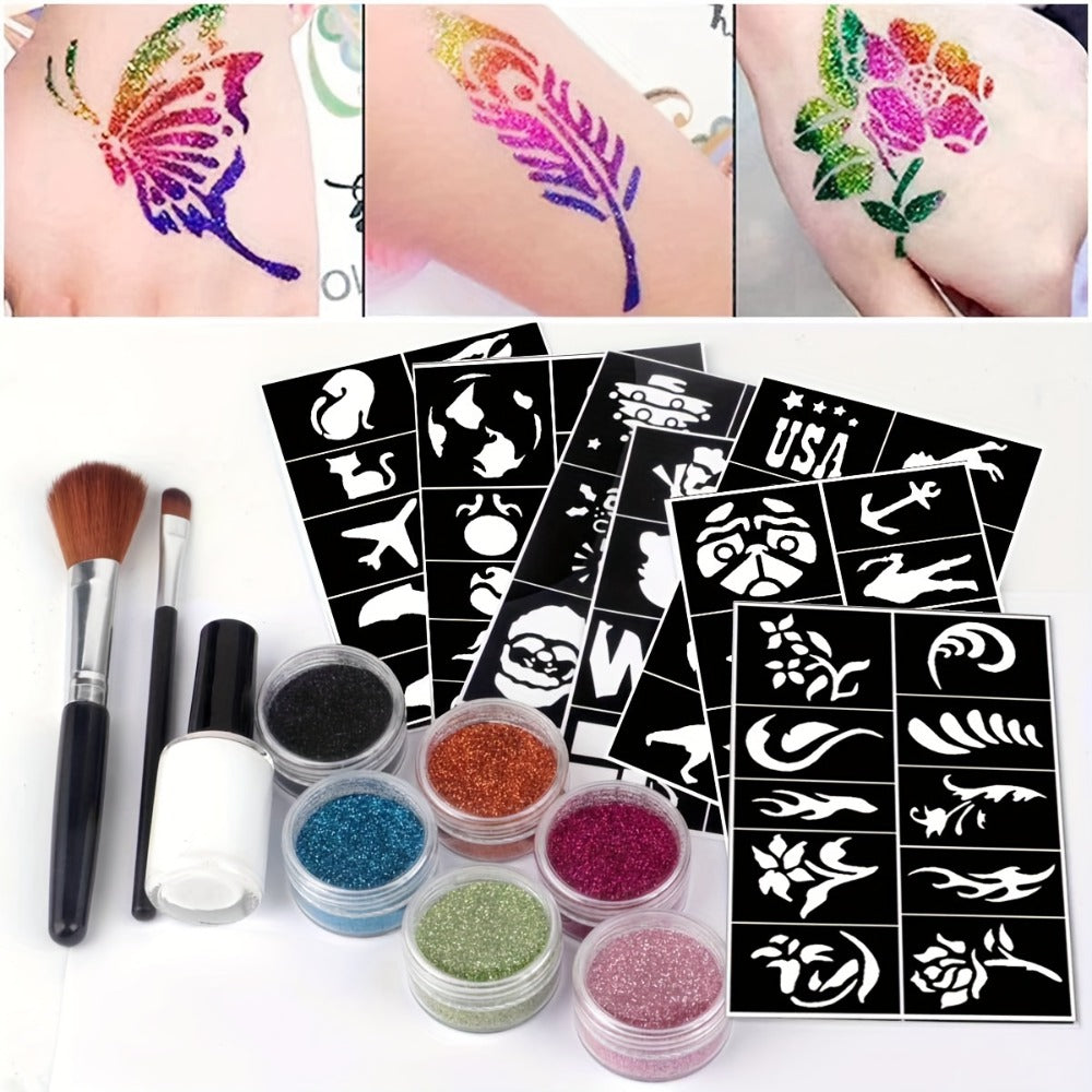 Glitter Tattoo Kit for Kids & Adults, 14 Stencil Sheets 6 Metallic Colors Skin-Safe Body Glue 2 Brushes