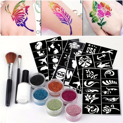 Glitter Tattoo Kit for Kids & Adults, 14 Stencil Sheets 6 Metallic Colors Skin-Safe Body Glue 2 Brushes