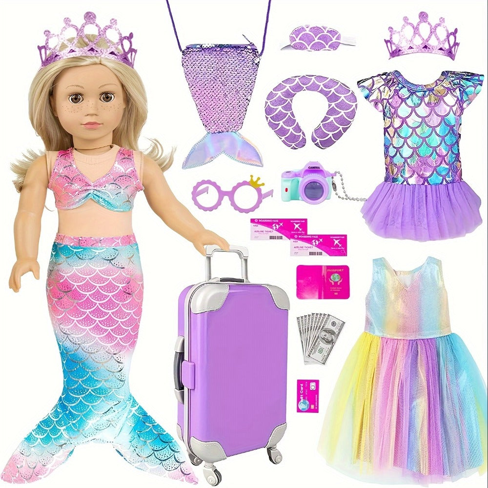 Twenty-Piece Mermaid Travel Accessory Set for 18-Inch Dolls with Purple Suitcase, Skirts and Crown
