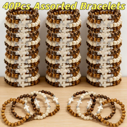 Cross Bracelets Bulk for Baptism Party Favors, 20/40PCS Vintage Ethnic Alloy Cross Pendant Woven Elastic Bracelets