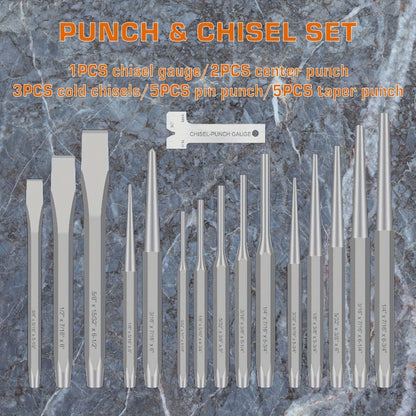 Punch and Chisel Set 16pcs Cr-V Steel with Taper Punch Cold Chisels Pin & Center Punches for Entryways, Bedrooms and Living Spaces