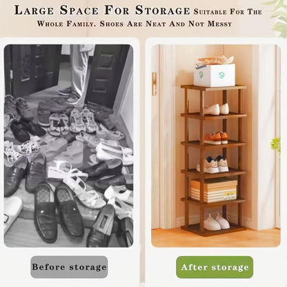 Shoe Rack Bamboo Vertical Organizer with 6-Tier or 9-Tier Brown Wood-Grain Freestanding Options