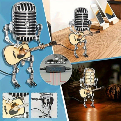 Vintage Microphone Robot Guitar Lamp USB Powered, Retro Decorative Night Light for Music Lovers, Guitar Players
