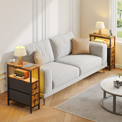 Nightstand Slim One or Two Fabric Drawers with Charging Station, LED Light and Single or Two-Pack Choice