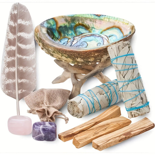 White Sage Smudge Kit 11pcs, 2 White Sage Bundles, 3 Palo Santo Sticks, Abalone Shell with Stand