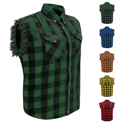Men's Plaid Sleeveless Shirt with Fringe Hem, Checkered Cotton Button-Up Vest Top, Crew Neck Regular Fit for Streetwear Beach Vacation