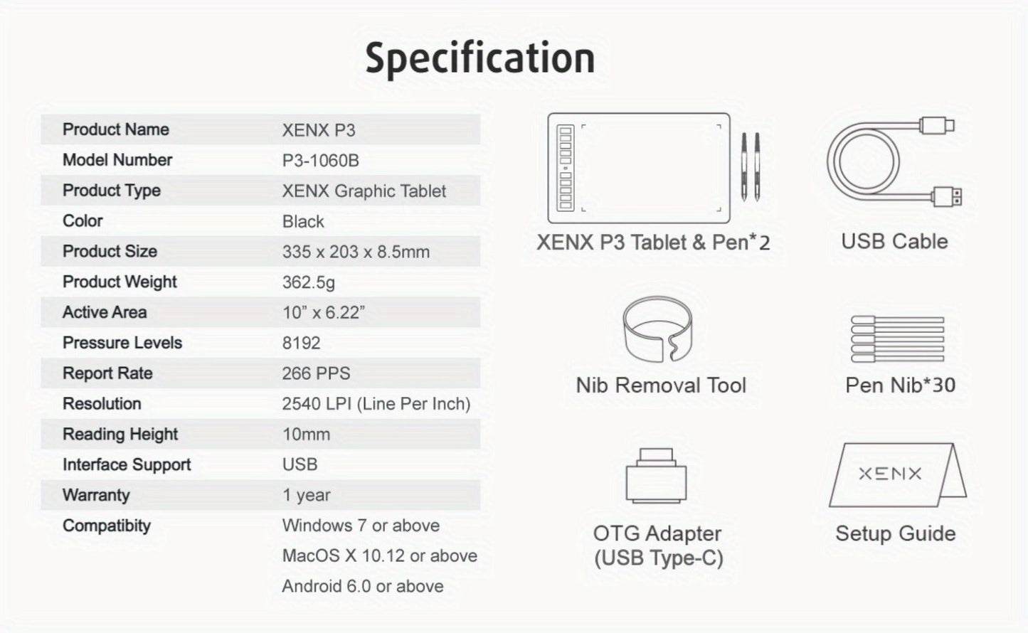 XENX Graphics Drawing Tablet 10 x 6.22 Inch, 8192 Pressure Sensitivity Battery-Free Passive Stylus