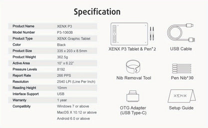 XENX Graphics Drawing Tablet 10 x 6.22 Inch, 8192 Pressure Sensitivity Battery-Free Passive Stylus
