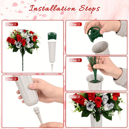 Artificial Cemetery Flowers for Grave with Saddle, Silk Rose Bouquet Headstone Decoration, Memorial Day Grave Flowers