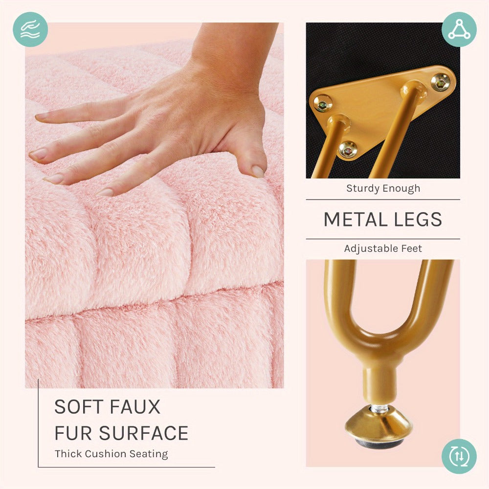 Faux Fur Storage Ottoman Stool, Furry Vanity Seat with Storage, 4 Metal Legs & Feet, Cute Modern Multi-Function Chair for Bedroom