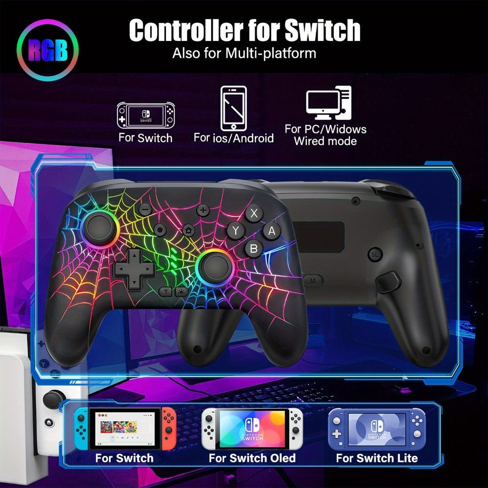 RGB Wireless Gaming Controller in Black with Spiderweb Shell, Back Buttons and USB-C Charging for Switch Systems