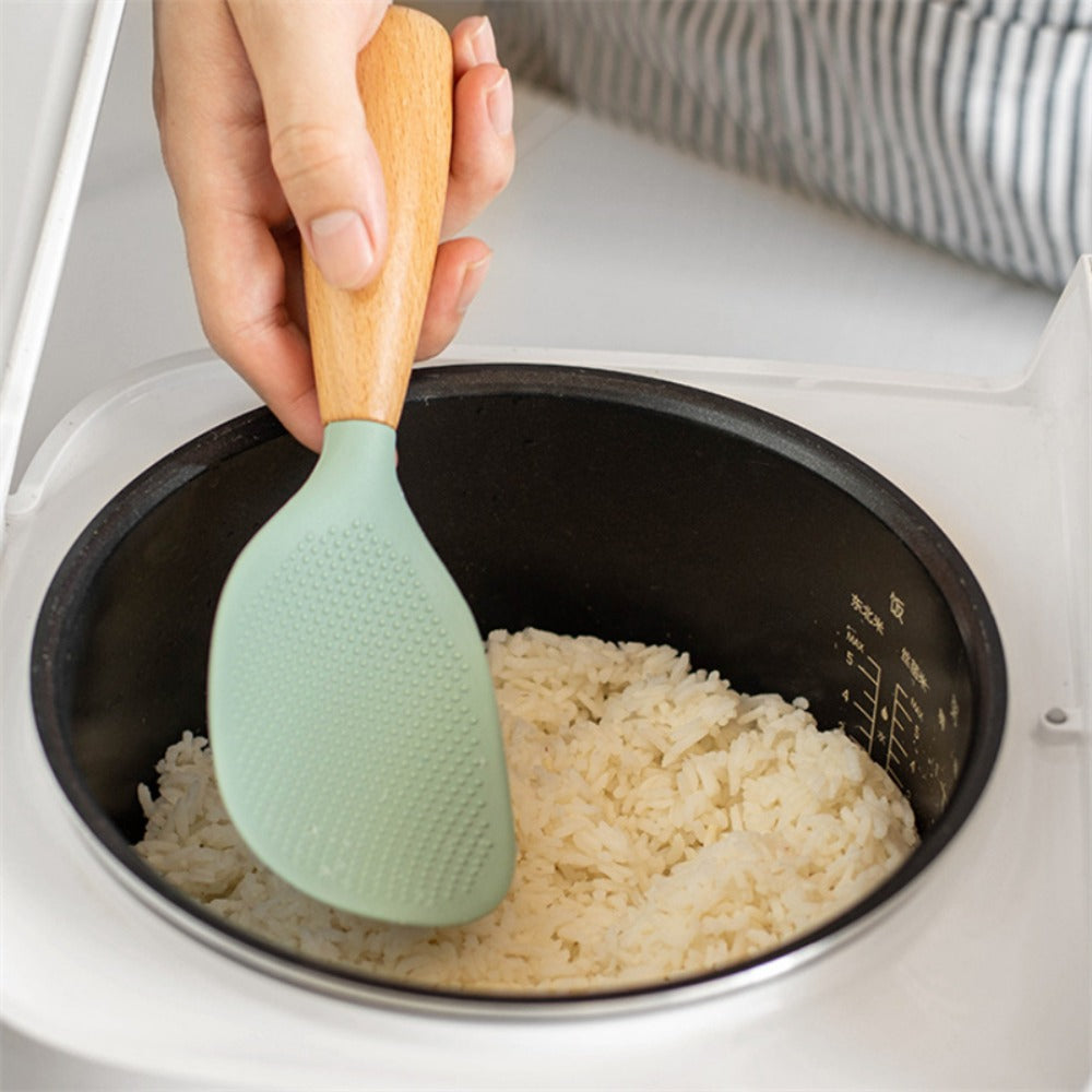 Silicone Rice Spatula Serving Spoon 2 Pack Wooden Handle Heat Resistant Durable Standing for Home Cooking, Dining and Outdoor Meals