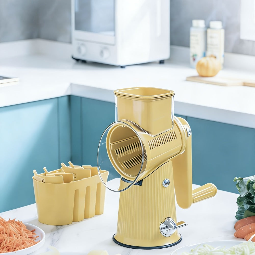 Rotary Cheese Grater with Interchangeable Blades, 5-in-1 Manual Vegetable Slicer Shredder Set, Suction Cup Base