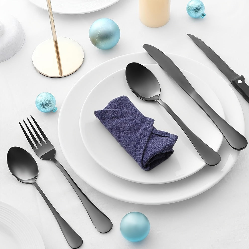 Serrated Steak Knife Dining Set with Six-Piece Place Settings, 24 or 48 Utensils in Silver or Black