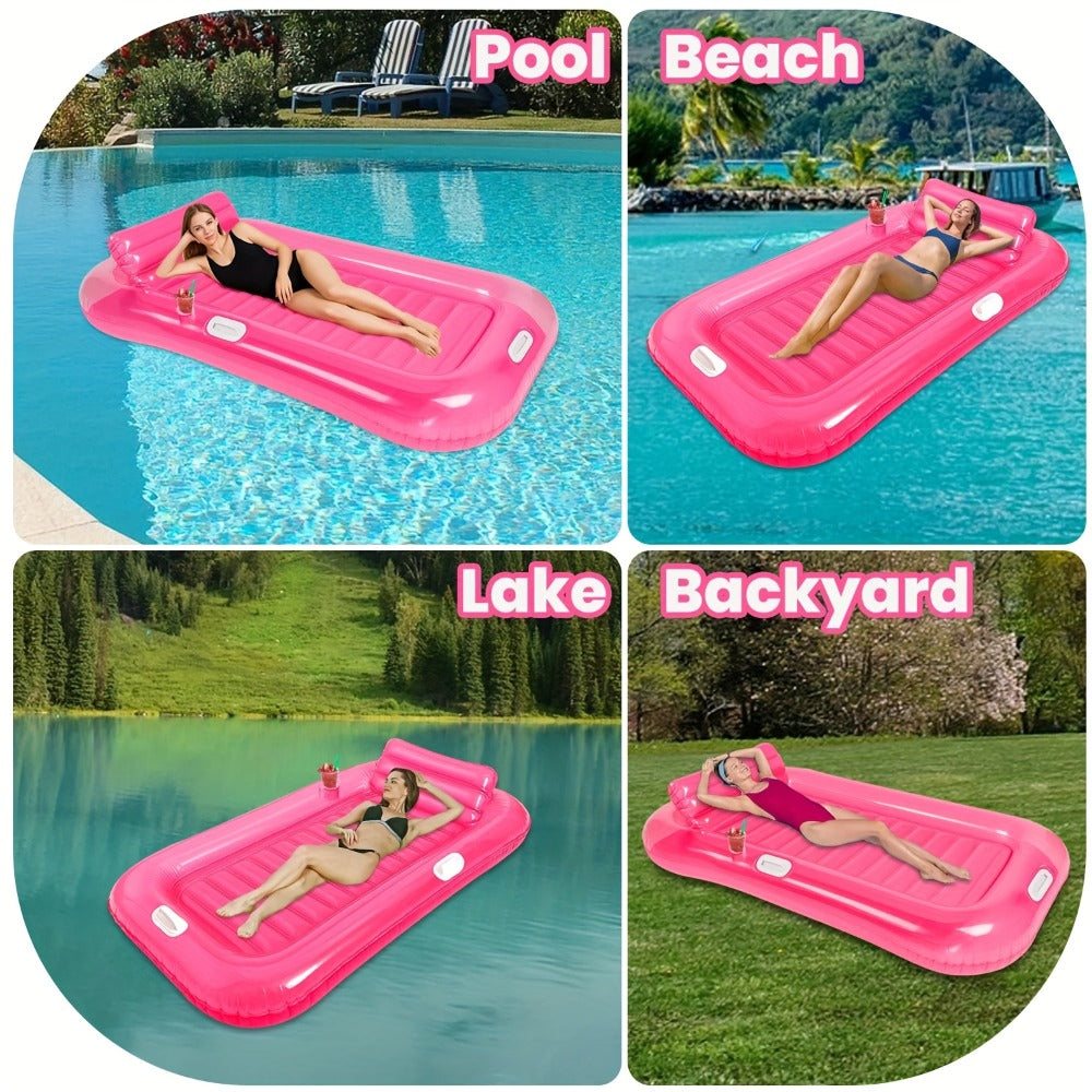 Inflatable Pool Lounger Sunbed for Adults 84"x47", 2-in-1 Tanning Float with Cup Holders, Removable Headrest & Handles