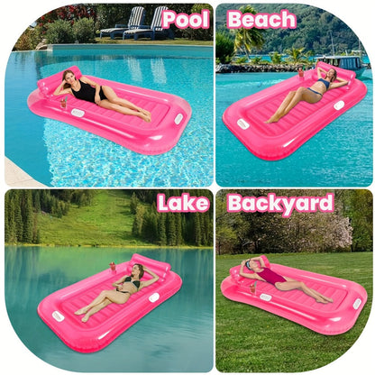 Inflatable Pool Lounger Sunbed for Adults 84"x47", 2-in-1 Tanning Float with Cup Holders, Removable Headrest & Handles