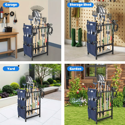 Tool Storage Rack with Storage Bag, Metal Yard Tool Organizer for Garage Holds 35 Long-Handled Tools