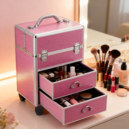 Lockable Aluminum Makeup Train Case with Extendable Trays Multi-Tier Professional Cosmetic Organizer – Portable Salon Travel Beauty Case