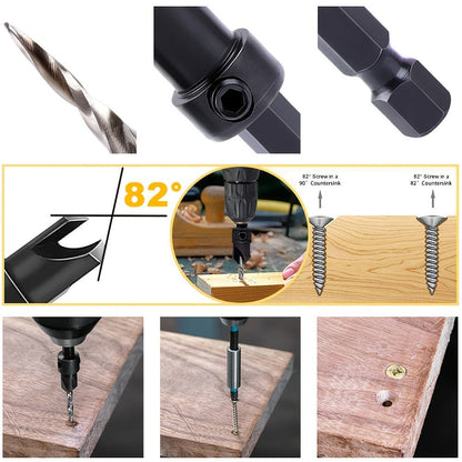 5pcs Countersink Drill Bit Set #4 #6 #8 #10 #12 Tapered with 1/4" Hex Shank Quick-Change for Entryways, Bedrooms and Living Spaces
