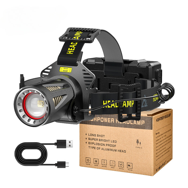XHP360 Rechargeable Zoom Headlamp with IR Sensor, 500m Beam Label, 90° Tilt and Three 18650 Cells