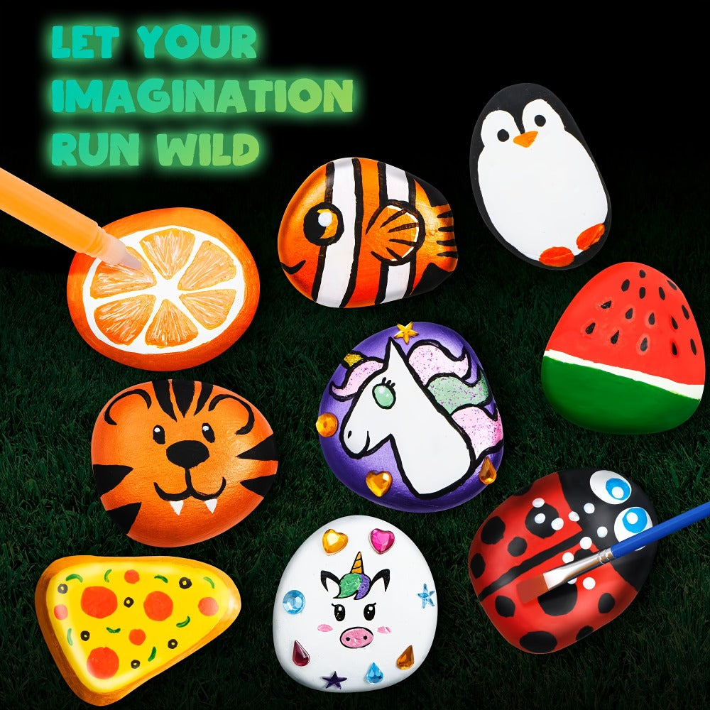 Glow Rock Painting Craft Kit with 10 Rocks, Paints, Brushes, Gems and Stickers in One- or Two-Pack Options