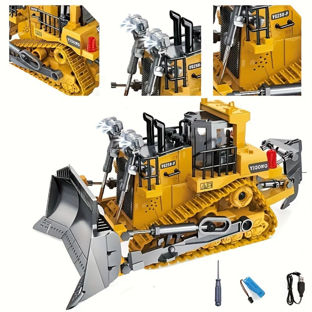 RC Bulldozer 9-Channel 2.4GHz Remote Control, Multifunctional Engineering Vehicle Toy with Alloy Metal Cover