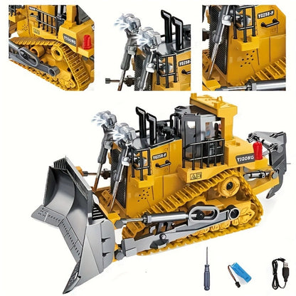 RC Bulldozer 9-Channel 2.4GHz Remote Control, Multifunctional Engineering Vehicle Toy with Alloy Metal Cover