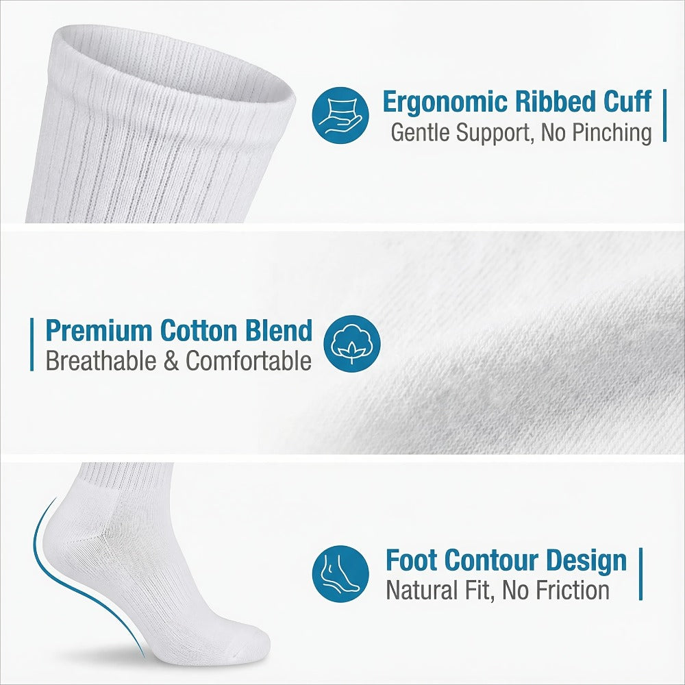 12-Pair Crew-Length Diabetic Sock Set for Adults in White, Black or Grey with 9-11 and 10-13 Sizes
