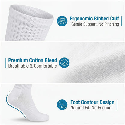 12-Pair Crew-Length Diabetic Sock Set for Adults in White, Black or Grey with 9-11 and 10-13 Sizes