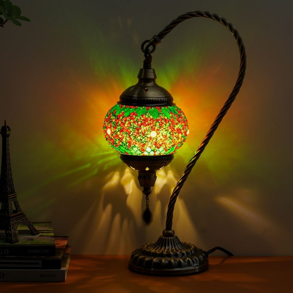Table Lamp with Swan-Neck Mosaic Glass Shade, Metal Base, Six Color Options and Three White-Light Modes