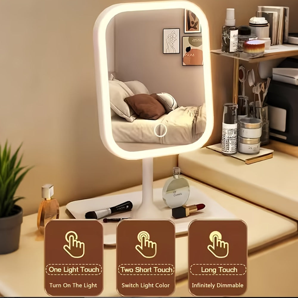 LED Makeup Mirror with Lights Rechargeable, Foldable Lighted Vanity Mirror 3 Color Modes Touch Dimming Portable Stand